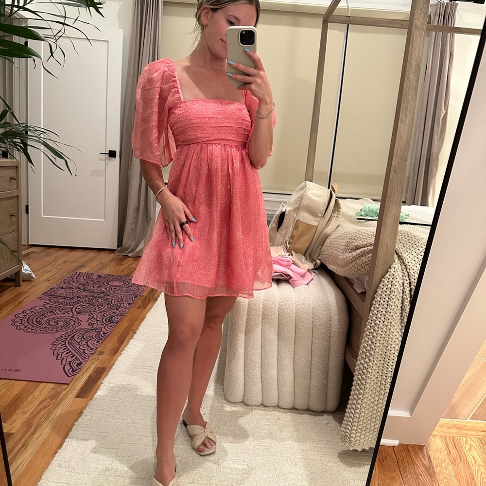 Abercrombie & Fitch Pink Puff-Sleeve Smocked Mini Dress